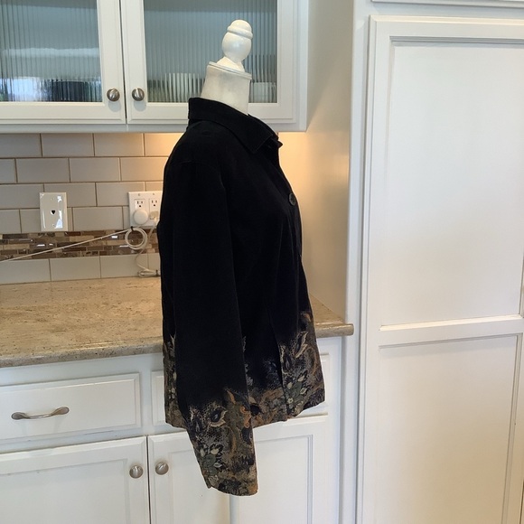 Chico’s Black Corduroy Jacket Size Large (2) Feather & Floral Button Close - Picture 3 of 9